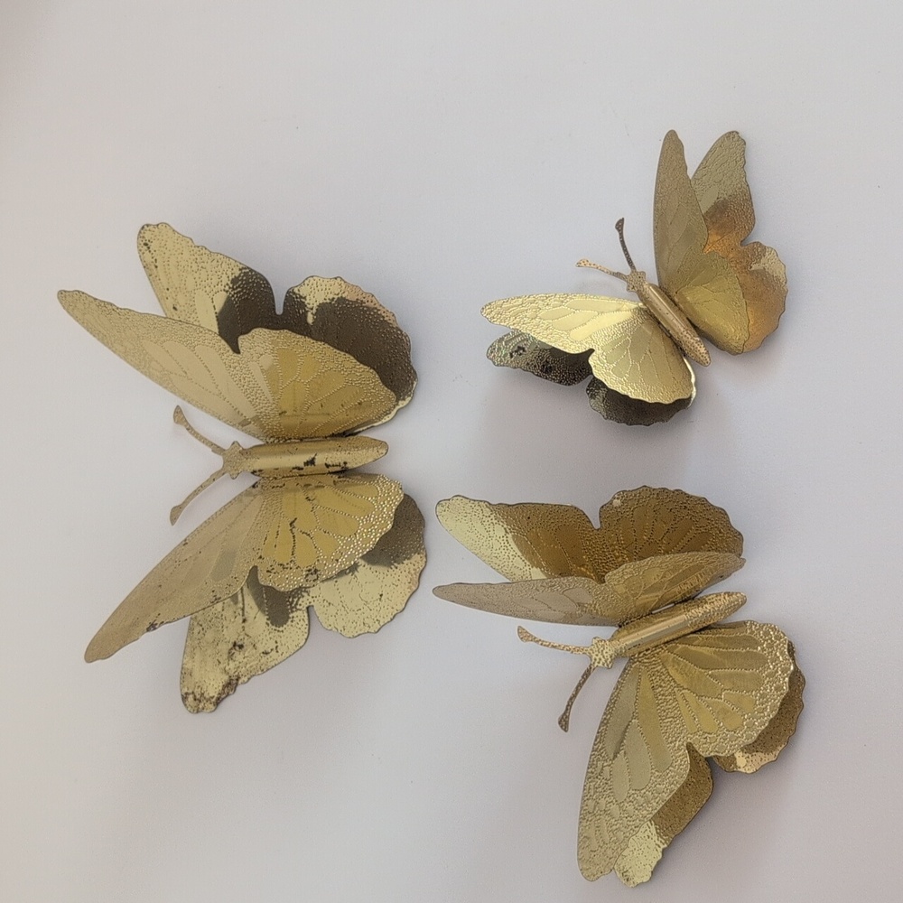 Home Interiors Vintage Metal Double Winged Butterfly Wall Decor Set of 3